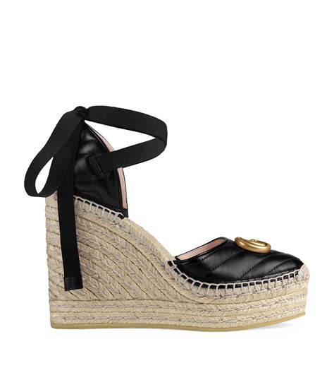 gucci black leather t-strap wedge sandals|gucci platform espadrille sandals.